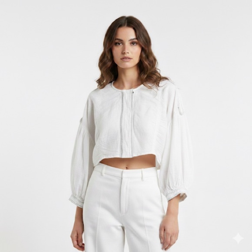 Free People Peasant Crop Top Cotton Balloon Sleeve White M